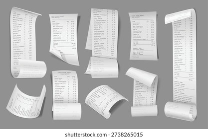 Paper receipt realistic template, register sale printed receipts mockup for POS and payment concept. 3D realistic vector isolated set.