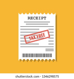 paper receipt with tax free stamp, flat vector illustration