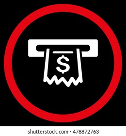 Paper Receipt Terminal vector bicolor rounded icon. Image style is a flat icon symbol inside a circle, red and white colors, black background.