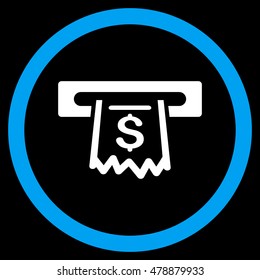 Paper Receipt Terminal vector bicolor rounded icon. Image style is a flat icon symbol inside a circle, blue and white colors, black background.