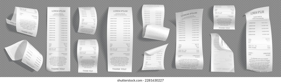 Paper receipts, cash checks of payments in shop or supermarket. Invoice bills of purchases, chique from pos terminal isolated on transparent background, vector realistic set