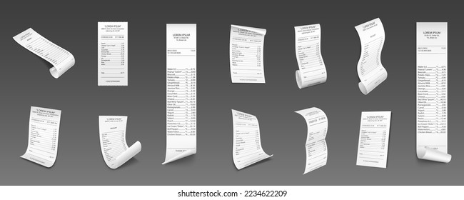 Paper receipts, cash checks of purchases in grocery shop or supermarket. Payment bills, curved and rolled financial invoices, isolated on background, vector realistic set