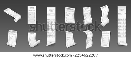 Paper receipts, cash checks of purchases in grocery shop or supermarket. Payment bills, curved and rolled financial invoices, isolated on background, vector realistic set