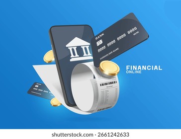 Los Comprobante de papel fluyen fuera de su teléfono inteligente después de pagar con una tarjeta de crédito o transferir dinero a través de un App bancario, Vector 3d sobre fondo azul para la billetera electrónica, pago en línea, concepto de transacción en línea