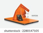 Paper receipts labeled special offer overflow from an orange shopping bag and black credit card leaning against shopping bag and all place on smartphone screen ,vector 3d for delivery, online shopping