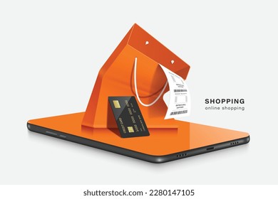 Recaudaciones de papel etiquetadas como un desbordamiento de oferta especial de una bolsa de compras naranja y tarjeta de crédito negra inclinada contra la bolsa de compras y todo lugar en la pantalla de un smartphone, vector 3d para la entrega, compras en línea