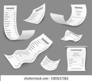 Paper receipts. Receipt print amount bill, budget buy choice cost check, cash retail document, pay price purchase cashing vector set