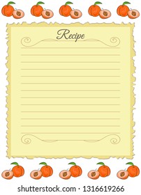 Paper for recipes. Form for recipes. Note paper with peach ornament. Vintage paper