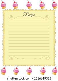 Paper for recipes. Form for recipes. Notebook paper with cake ornament. Vintage paper