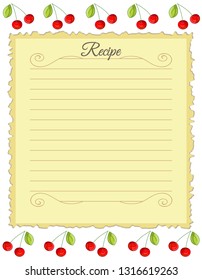 Paper for recipes. Form for recipes. Notebook paper with cherry ornament. Vintage paper