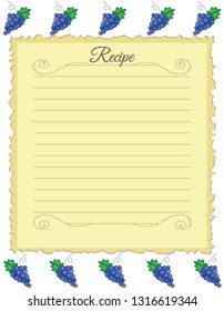Paper for recipes. Form for recipes. Notebook paper with grapes ornament. Vintage paper