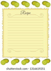 Paper for recipes. Form for recipes. Notebook paper with kiwi ornament. Vintage paper