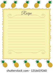 Paper for recipes. Form for recipes. Notebook paper with pineapple ornament. Vintage paper