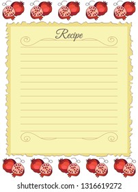 Paper for recipes. Form for recipes. Notebook paper with pomegranate ornament. Vintage paper