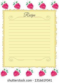 Paper for recipes. Form for recipes. Notebook paper with raspberry ornament. Vintage paper