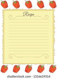 Paper for recipes. Form for recipes. Notebook paper with red bell pepper ornament. Vintage paper