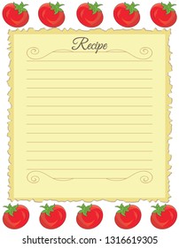 Paper for recipes. Form for recipes. Notebook paper with tomato ornament. Vintage paper