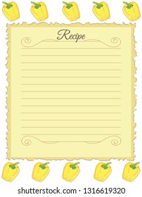 Paper for recipes. Form for recipes. Notebook paper with yellow bell pepper ornament. Vintage paper