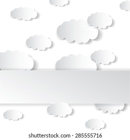 Paper rectangle banner on abstract cloud background with drop shadows. Vector illustration