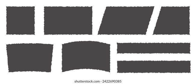 Paper rectangle with rough edge. Torn shapes with jagged border. Grunge strip background. Vector silhouettes set