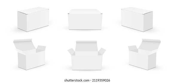 Paper Rectangular Boxes Mockups, Front and Side View, Opened, Closed Lid. Vector Illustration