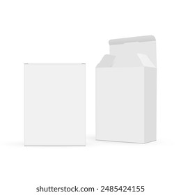 Paper Rectangular Boxes Mockups, Front And Side View, Opened, Closed Lid. Vector Illustration