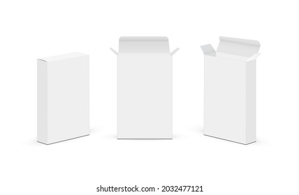 Cajas delgadas rectangulares de papel con tapa abierta y cerrada, vista frontal y lateral, aisladas en fondo blanco. Ilustración vectorial