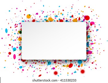 Paper rectangular white background with color confetti. Vector illustration.