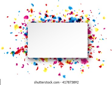 Paper rectangular white background with color painted drops. Vector illustration.