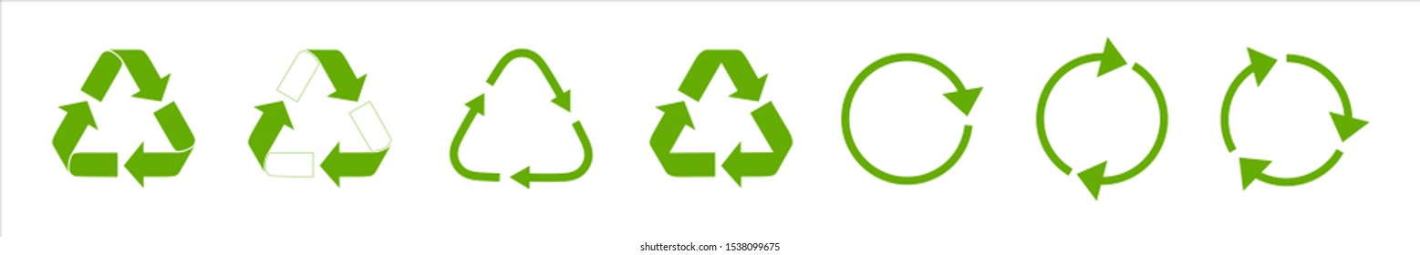 Paper recycle icon set vector illustration. Set of green recycling symbols with rotation arrows. Green recycle eco symbol set. Eco friendly concept. Reuse icon isolated on white background.