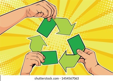 Paper recycle sign in hands. Save world ecology concept. Vector Illustration in pop art retro comic style