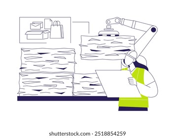 Ilustración vectorial de concepto abstracto de reciclaje de papel. Trabajador de fábrica que comprueba el proceso de reciclaje de papel, ecología, medio ambiente, gestión de residuos y basura, metáfora abstracta de ahorro de planeta.