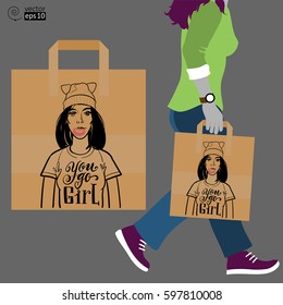 paper recycling bag design with an image of a girl in a cat's hat and with chewing gum in a T-shirt with the inscription "you go girl". hand drawn style with lettering