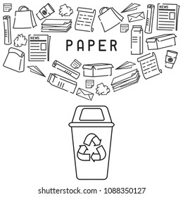 Paper recycling card with paper trash and dumpster. Contour style vector illustration