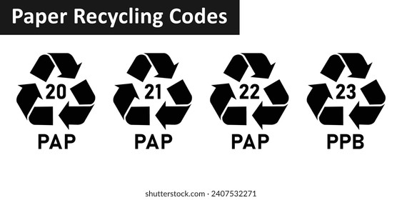 Paper recycling code icon set. Paper cardboard boxes recycling codes 20, 21, 22, 23 for industrial and factory uses. Triangluar mobius strip pap recycling symbols isolated on white background. svg