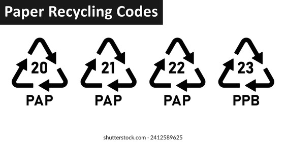 Paper recycling code icon set. Paper cardboard boxes recycling codes 20, 21, 22, 23 for industrial and factory uses. Triangluar pap recycling symbols isolated on white background. svg
