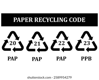 Paper recycling code icon set. recycling codes 20, 21, 22, 23. pap recycling symbols. plastic, recycle, symbol, code, icon.