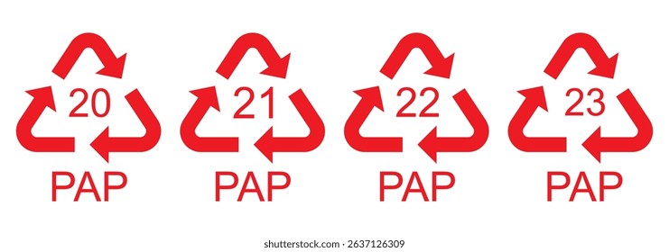 Paper recycling code icon set. recycling codes 20, 21, 22, 23. pap recycling symbols. plastic, recycle, symbol, code, icon.