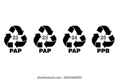 Paper recycling code icon set. Paper cardboard boxes recycling codes 22, 23, 24, 25 for industrial and factory uses. Triangular mobius strip pap recycling symbols isolated on white background