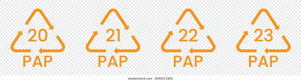 Paper recycling code icon set. recycling codes 20, 21, 22, 23. pap recycling symbols. plastic, recycle, symbol, code, icon.