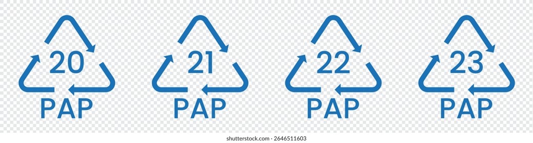 Paper recycling code icon set. recycling codes 20, 21, 22, 23. pap recycling symbols. plastic, recycle, symbol, code, icon.