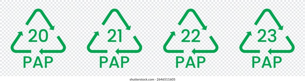 Paper recycling code icon set. recycling codes 20, 21, 22, 23. pap recycling symbols. plastic, recycle, symbol, code, icon.