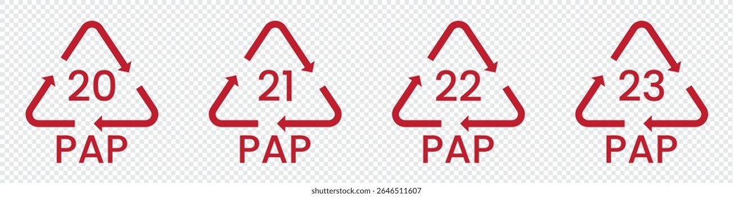 Paper recycling code icon set. recycling codes 20, 21, 22, 23. pap recycling symbols. plastic, recycle, symbol, code, icon.