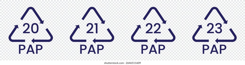 Paper recycling code icon set. recycling codes 20, 21, 22, 23. pap recycling symbols. plastic, recycle, symbol, code, icon.