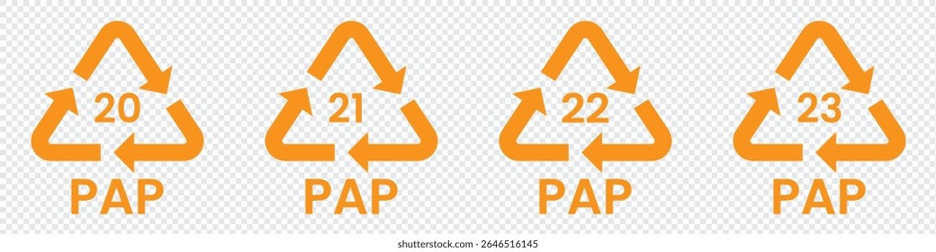 Paper recycling code icon set. recycling codes 20, 21, 22, 23. pap recycling symbols. plastic, recycle, symbol, code, icon.