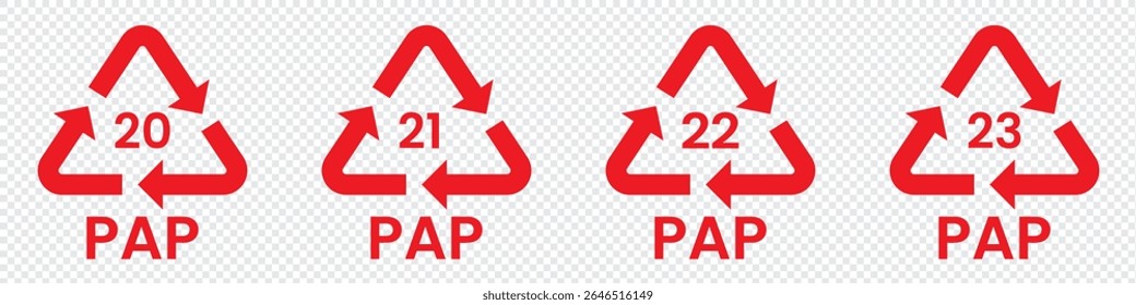 Paper recycling code icon set. recycling codes 20, 21, 22, 23. pap recycling symbols. plastic, recycle, symbol, code, icon.