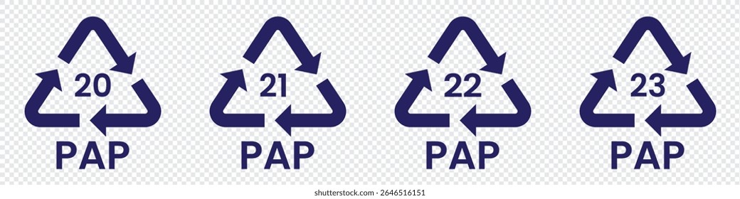 Paper recycling code icon set. recycling codes 20, 21, 22, 23. pap recycling symbols. plastic, recycle, symbol, code, icon.