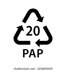 Paper Recycling Code PAP 20, Corrugated Fiberboard, Cardboard Boxes Symbol, Ecology Recycling Sign, Identification Code, Package Waste Black Fill Icon