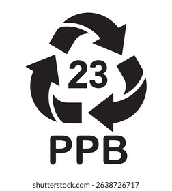 paper recycling code PPB 23, paperboard, book covers, frozen food boxes, greeting cards symbol, ecology recycling sign, identification code, package waste black fill icon