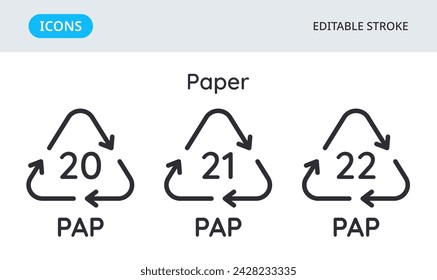 Symbole für Papierrecyclingcodes. Dreieckige Umweltsymbole von Materialien. Satz von Elementen auf weißem Hintergrund. Bearbeitbarer Strich.